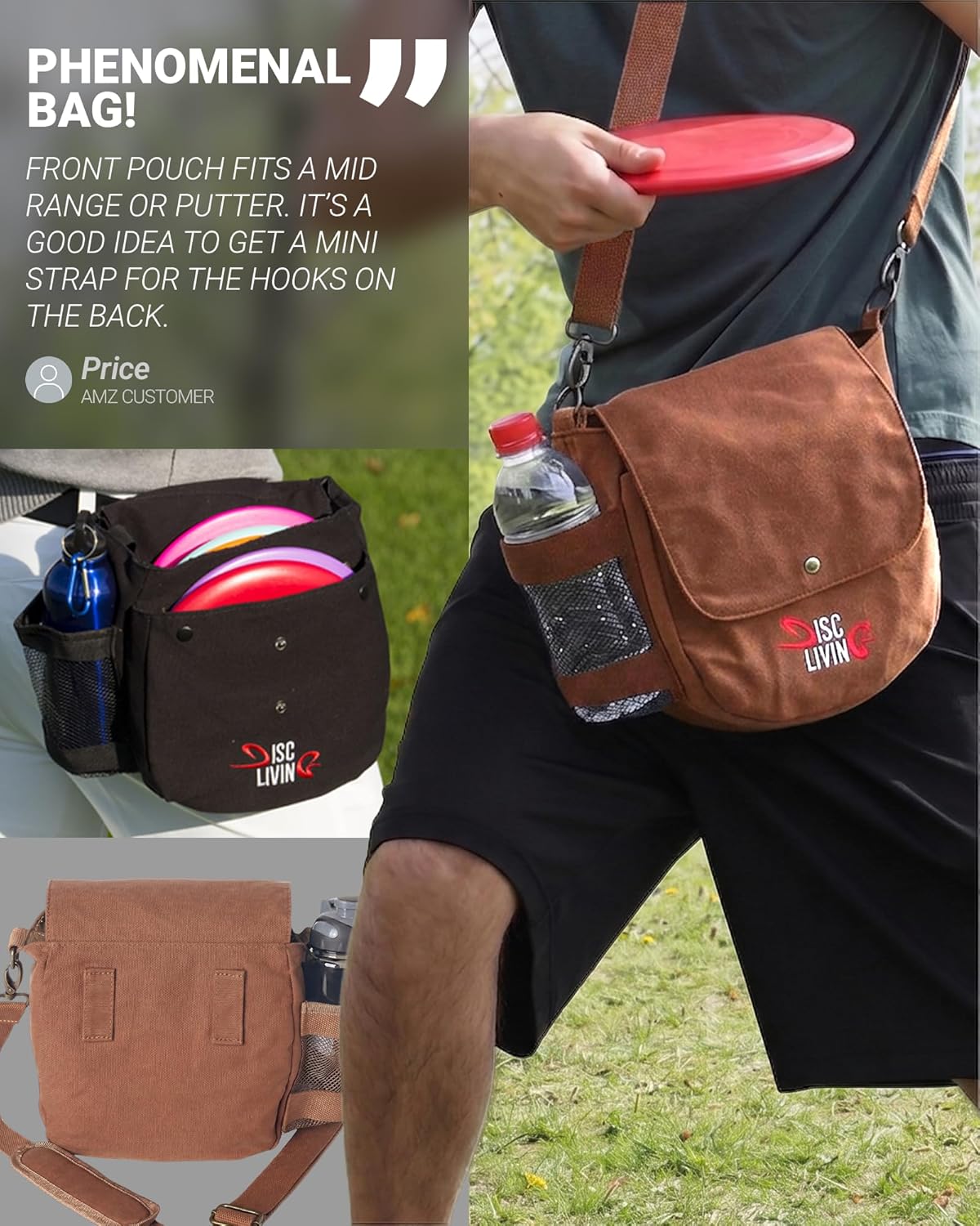 Disc Golf Bag | Frisbee Golf Bag | Easy to Carry | Lightweight Fits Up to 10 Discs | 16 oz Waxed Canvas Sturdy Design | Belt Loop | Double Button Design | Bottle Holder