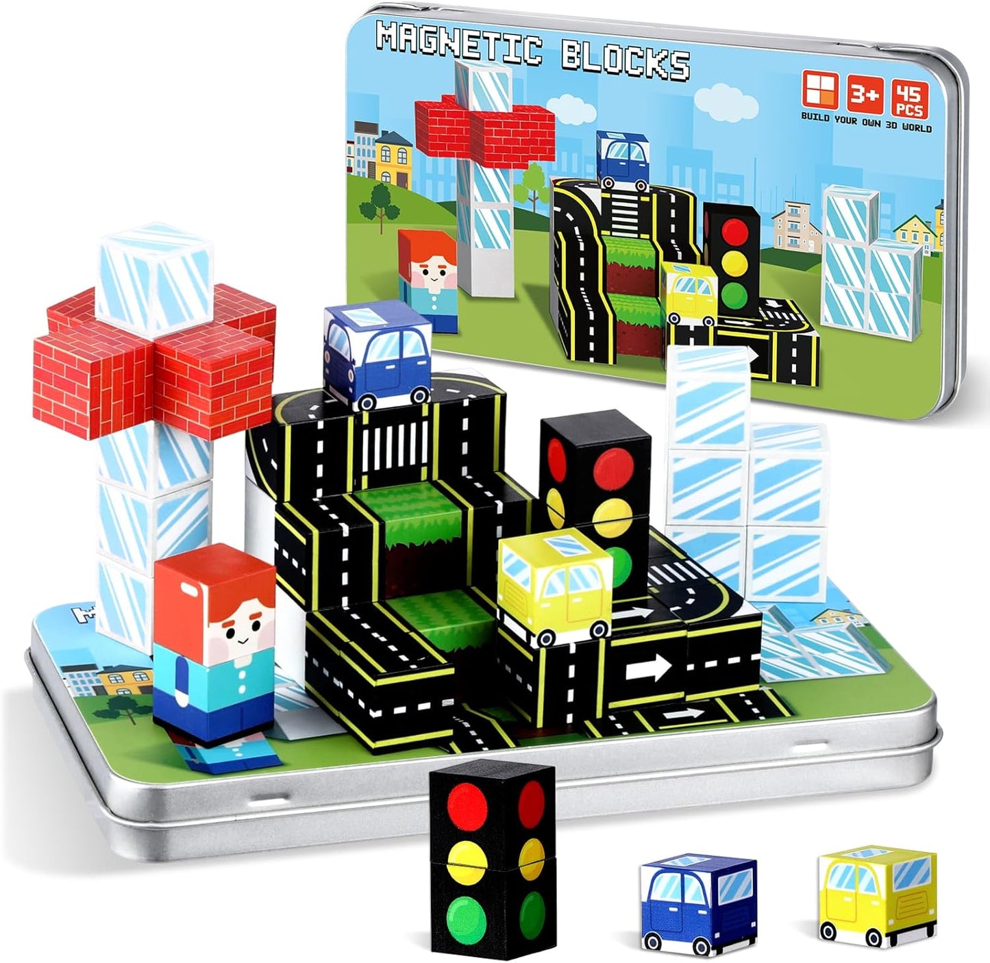 QOUBAI 45PCS Mini Magnetic Blocks Travel Toys, Magnet Building Cubes Tiles Set with Portable Iron Case, Learning Activities Gifts for Kids Toddlers Boys & Girls Ages 3-8 (Construction)