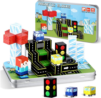 QOUBAI 45PCS Mini Magnetic Blocks Travel Toys, Magnet Building Cubes Tiles Set with Portable Iron Case, Learning Activities Gifts for Kids Toddlers Boys & Girls Ages 3-8 (Construction)
