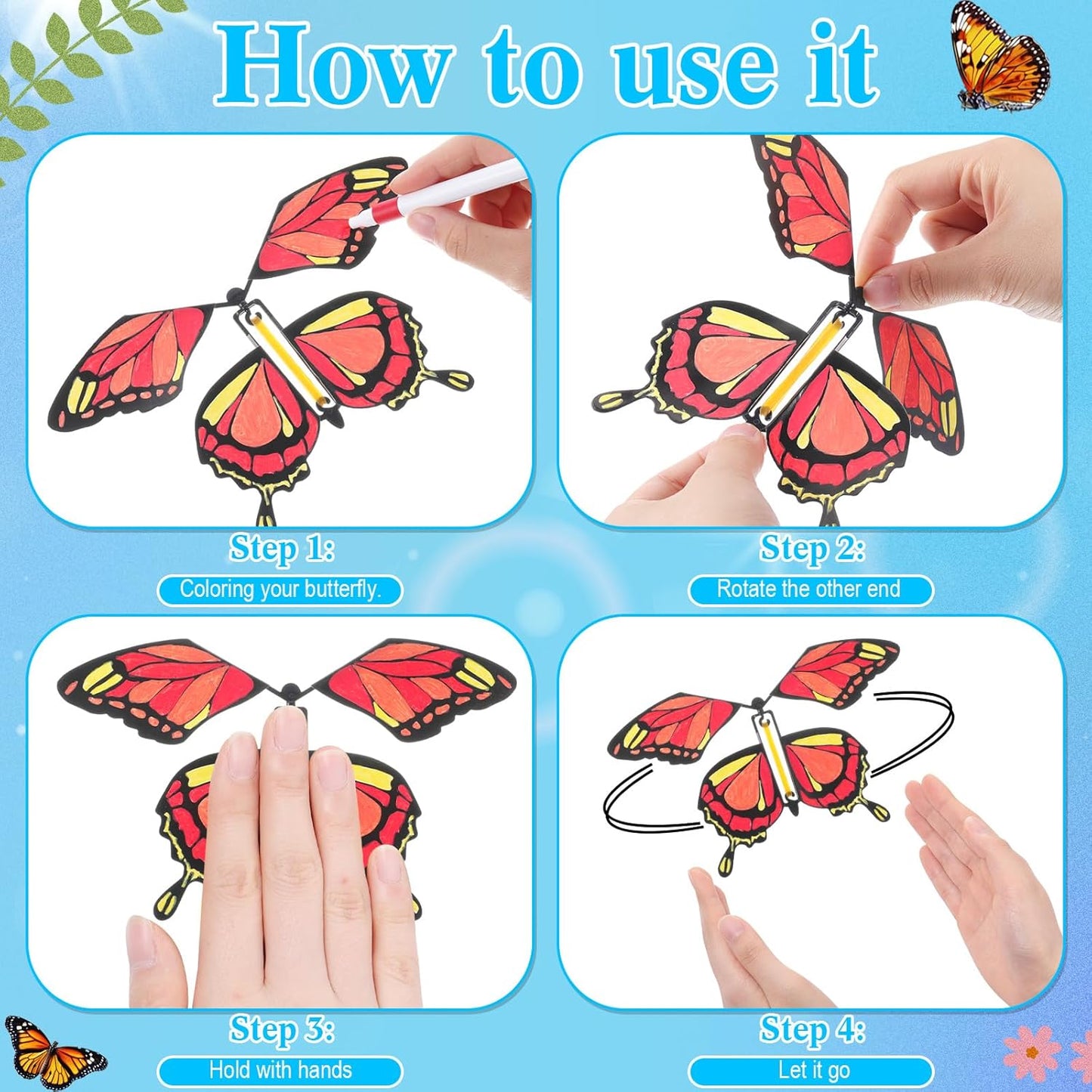 Seenelling 44 Pcs Flying Butterfly Craft Kit with 32 Wind up Butterflies and 12 Color Pens People Painting White Paper Butterflies DIY Toy for Party Game School Activity Birthday Gift (Style 3)