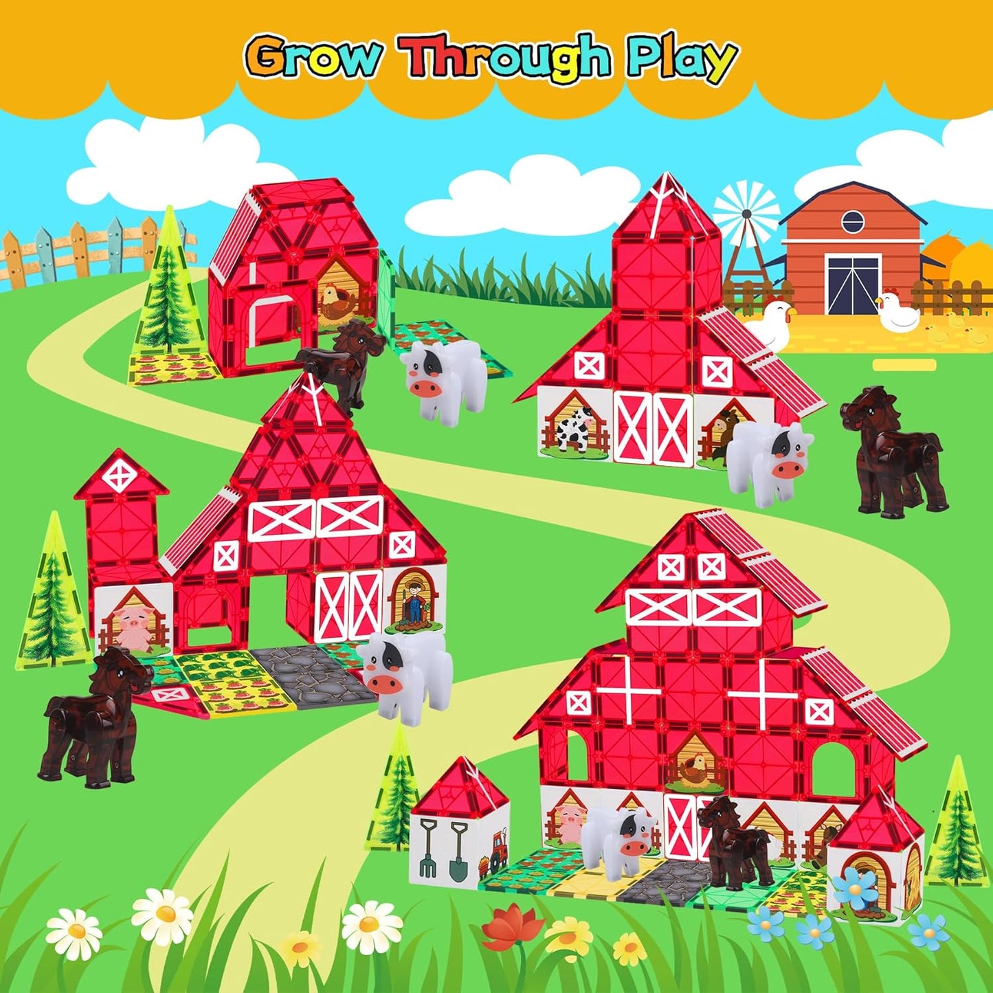 SKTMYY Magnetic Tiles Construction Toys with Road & Crane & Marble Run, Double-Sided Fire Station & Building Magnet Tiles for Kids Ages 4-8, STEM Magnetic Blocks Gifts for 3 4 5 6 7 8 Year Old Boys