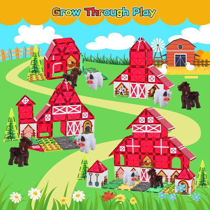 SKTMYY Magnetic Tiles Construction Toys with Road & Crane & Marble Run, Double-Sided Fire Station & Building Magnet Tiles for Kids Ages 4-8, STEM Magnetic Blocks Gifts for 3 4 5 6 7 8 Year Old Boys