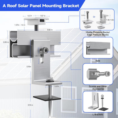 Solar Panel Mounting Brackets Kit 10Pcs Solar Roof Mount Kit for 1-4 Pieces Thickness 1.57-1.6” Solar Panels(100-400W), Aluminum Alloy Mount for Flat Pitched Roof Rack Mounting Brackets
