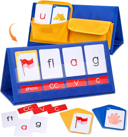 Gamenote Word Building Desktop Pocket Chart Tent Flash Cards Kit - CVC Words Phonics Games Blending Board for Kindergarten Reading and Spelling
