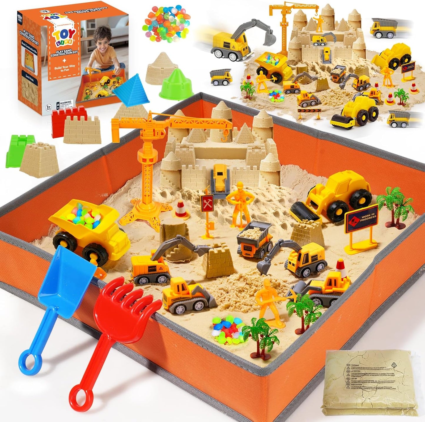 TOY Life 38 Pcs Sand Construction Kit with Big Foldable Sandbox with 2.2Ibs Magic Sand, Trucks, Castle Molds & Beach-Side Mat – Indoor Sandbox Toy Construction Sensory Bins for Toddlers