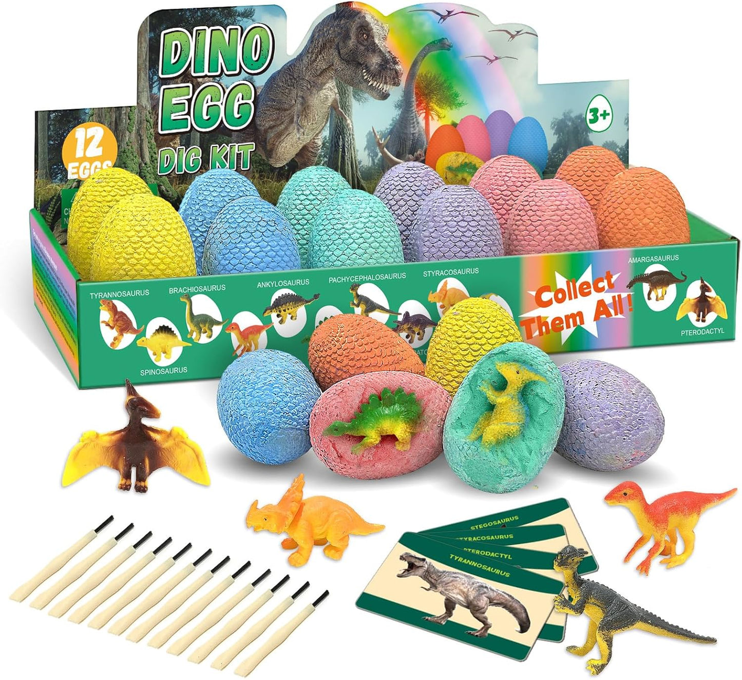12 Pack Easter Dino Egg Dig Kit for Kids - Dinosaur Egg Excavation Toy with 12 Unique Dinosaurs Eggs Tools & Learning Cards STEM Archaeology Science Dig Set for Boys Girls Easter Party Favors 3-12
