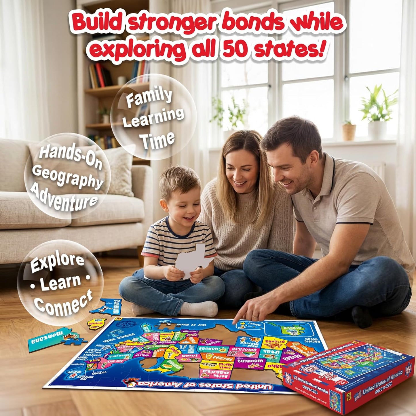 United States Map Puzzle for Kids Ages 4-8 - 103 Piece USA Geography Floor Jigsaw with State Shaped Pieces, Large 18x24 Educational Learning Toy – Each State is Individual Flat Piece
