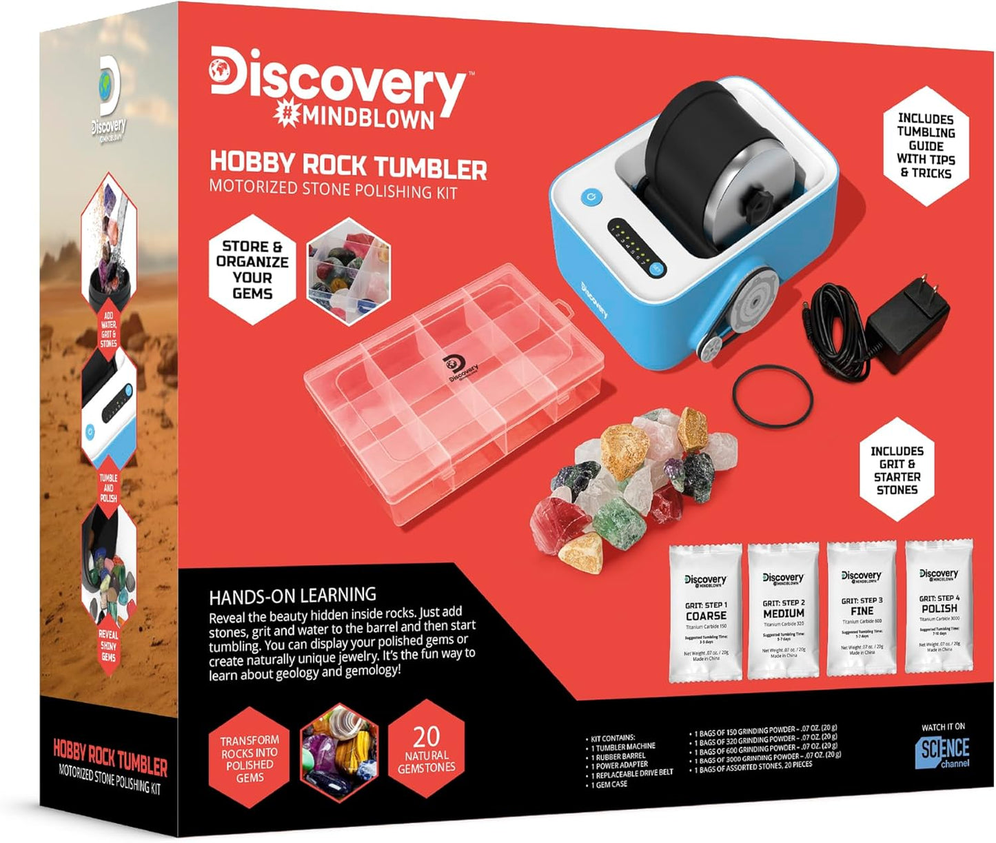 Discovery™ Rock Tumbler Deluxe Set – Stone Polishing Kit with Rocks, 4 Grits, Gem Case| STEM Science Project Kit for Kids & Beginners| Cool Toy for Boys & Girls Ages 8+