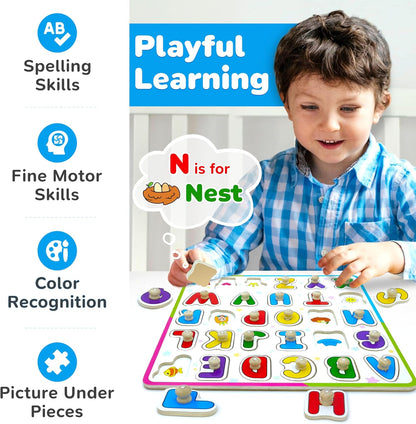 ABC Puzzle for Toddlers, Wooden Montessori Toys for Baby Boys and Girls, ABC Alphabets Learning for Toddler, Educational Alphabet Learning Toys, Peg Puzzle Board for Preschool Kids by Lucas & Friends