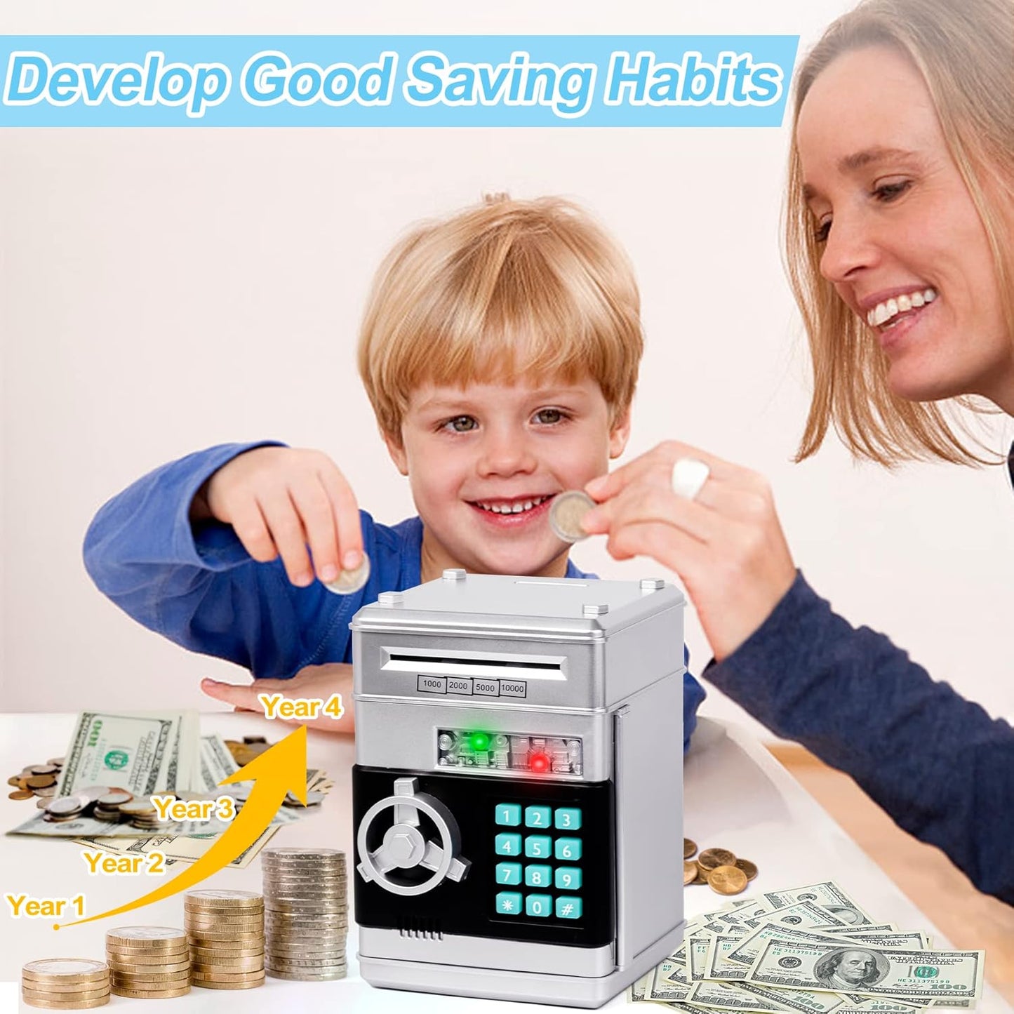Refasy Piggy Bank Cash Coin Can ATM Bank Electronic Coin Money Bank for Kids Age 3-12, Money Savings Box Mini ATM Coin Bank Toys Gifts for 3 4 5 6 7 8 9 10 11 12 Year Old Boys Girls