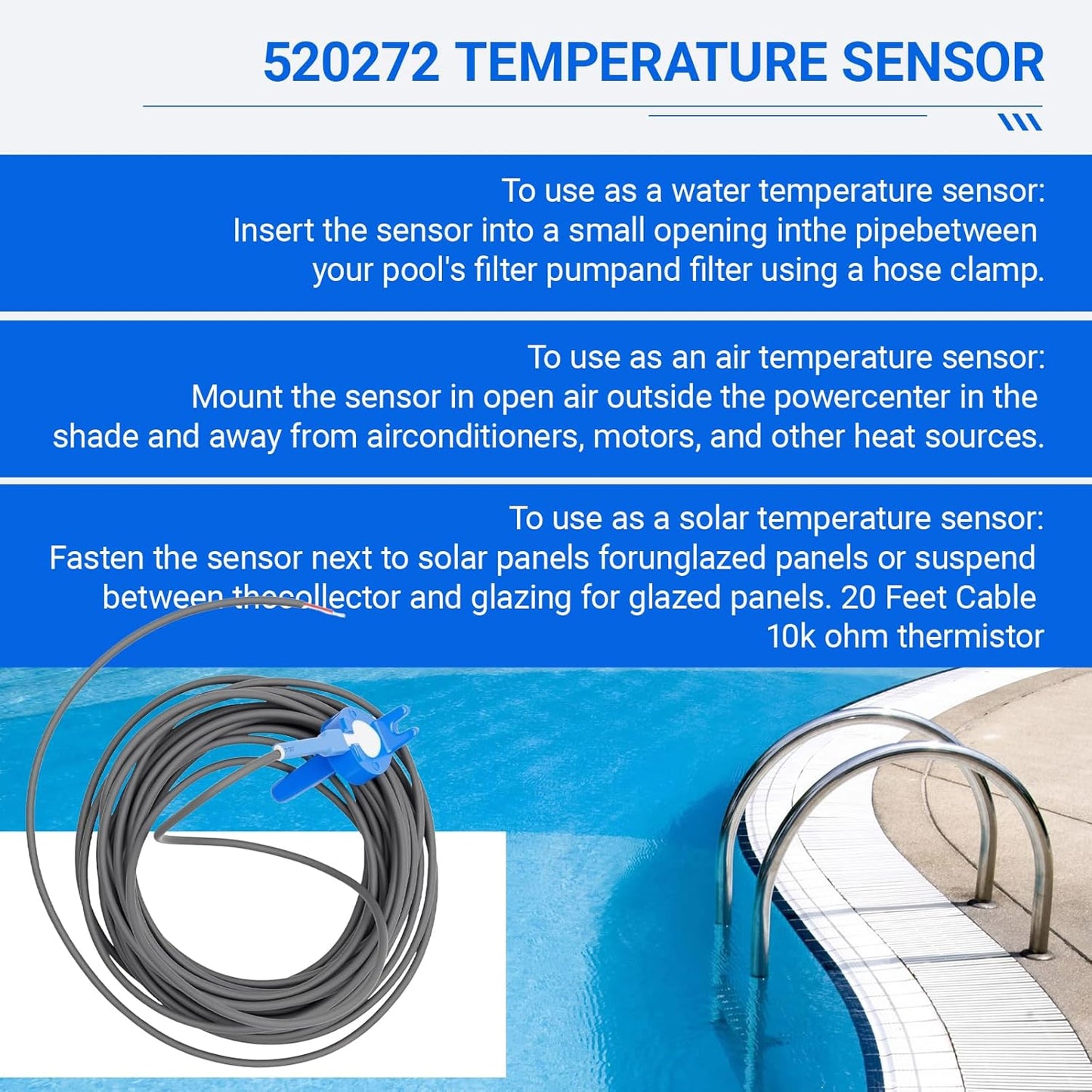 520272 Pool Temperature Sensor Thermistor Air/Water/Solar Replacement Kit for Pentair Jandy Pool/Spa Heater System Temperature Sensor 20 Feet Cable 2 Pack