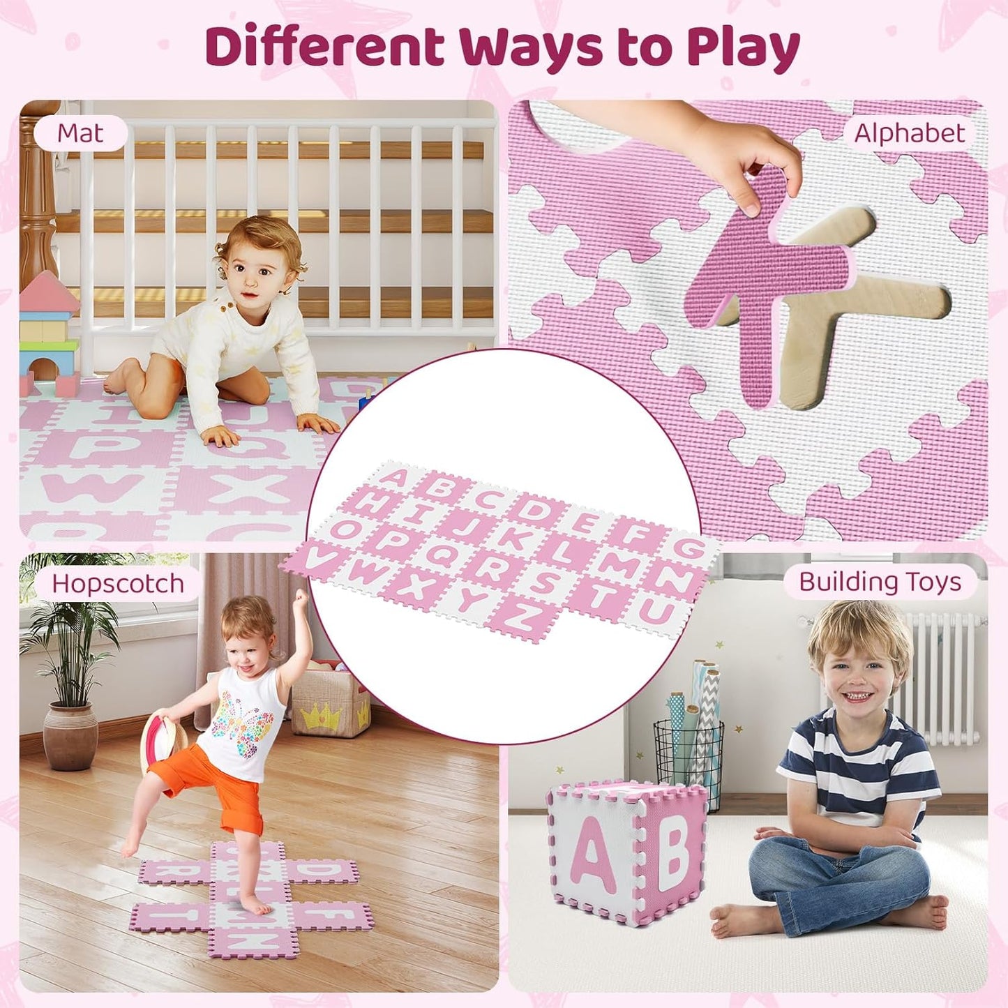 HONEY JOY Foam Floor Tiles for Kids, 12.5” x 12.5” EVA 26-Piece Interlocking Alphabet Puzzle Play Mat, Non-Slip Large Soft Carpet Rug, Easy to Clean, for Baby Crawling Exercise, Playroom (Pink)