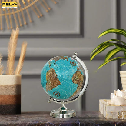 Rely+ Earth Light Blue Rotating Globe of The World with Silver Stand (NOT PLASTIC!) for Bookcase Shelf Decorative Home Desk sturdy Office Decor 6-inch