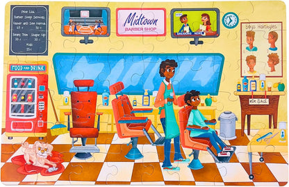 Upbounders® 48 Piece Jumbo Floor Puzzle for Kids | Barbershop Beginner Puzzle | Pretend Play & Learning Toy for Boys Girls Ages 4 5 6 | Black Brown Boy at The Barber (Multicultural)
