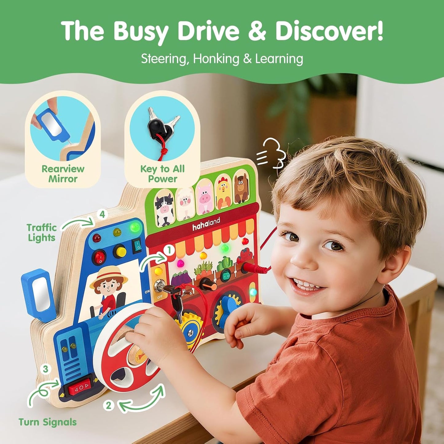 hahaland Montessori Busy Board for Toddlers 3-5, 18-in-1 Wooden Sensory Activity Board with LED Lights & Switches, Educational Montessori Toy for Fine Motor Skills, Kids Gift