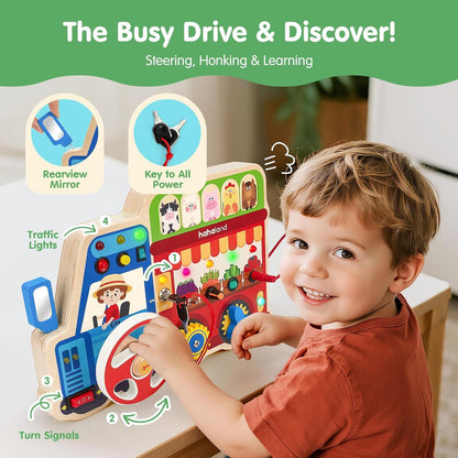 hahaland Montessori Busy Board for Toddlers 3-5, 18-in-1 Wooden Sensory Activity Board with LED Lights & Switches, Educational Montessori Toy for Fine Motor Skills, Kids Gift