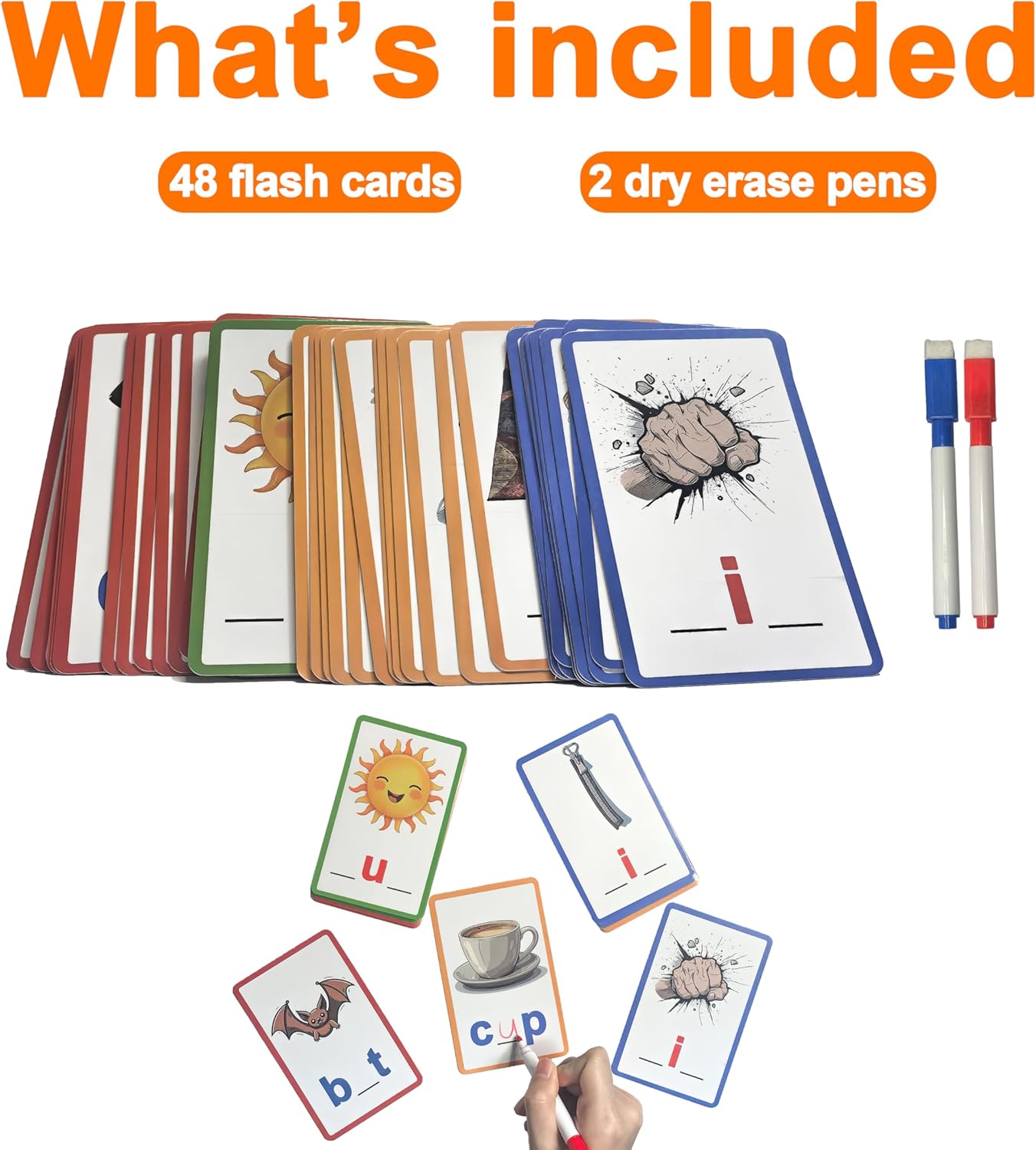 CVC Learning Flash Cards 1 Set- Educational Spelling and Reading Game for Preschool and Kindergarten, Includes Colorful Erasable Pens