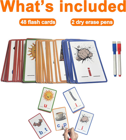 CVC Learning Flash Cards 1 Set- Educational Spelling and Reading Game for Preschool and Kindergarten, Includes Colorful Erasable Pens