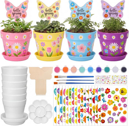 Funnymoom 48 Set Paintable Flower Gardening Kit Bulk DIY Paint and Plant Garden Plastic Flower Pot with Tray Stickers for Home Easter Party Art Mother's Day Spring Gifts Gardening Summer Activities