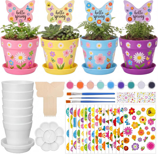 Funnymoom 48 Set Paintable Flower Gardening Kit Bulk DIY Paint and Plant Garden Plastic Flower Pot with Tray Stickers for Home Easter Party Art Mother's Day Spring Gifts Gardening Summer Activities
