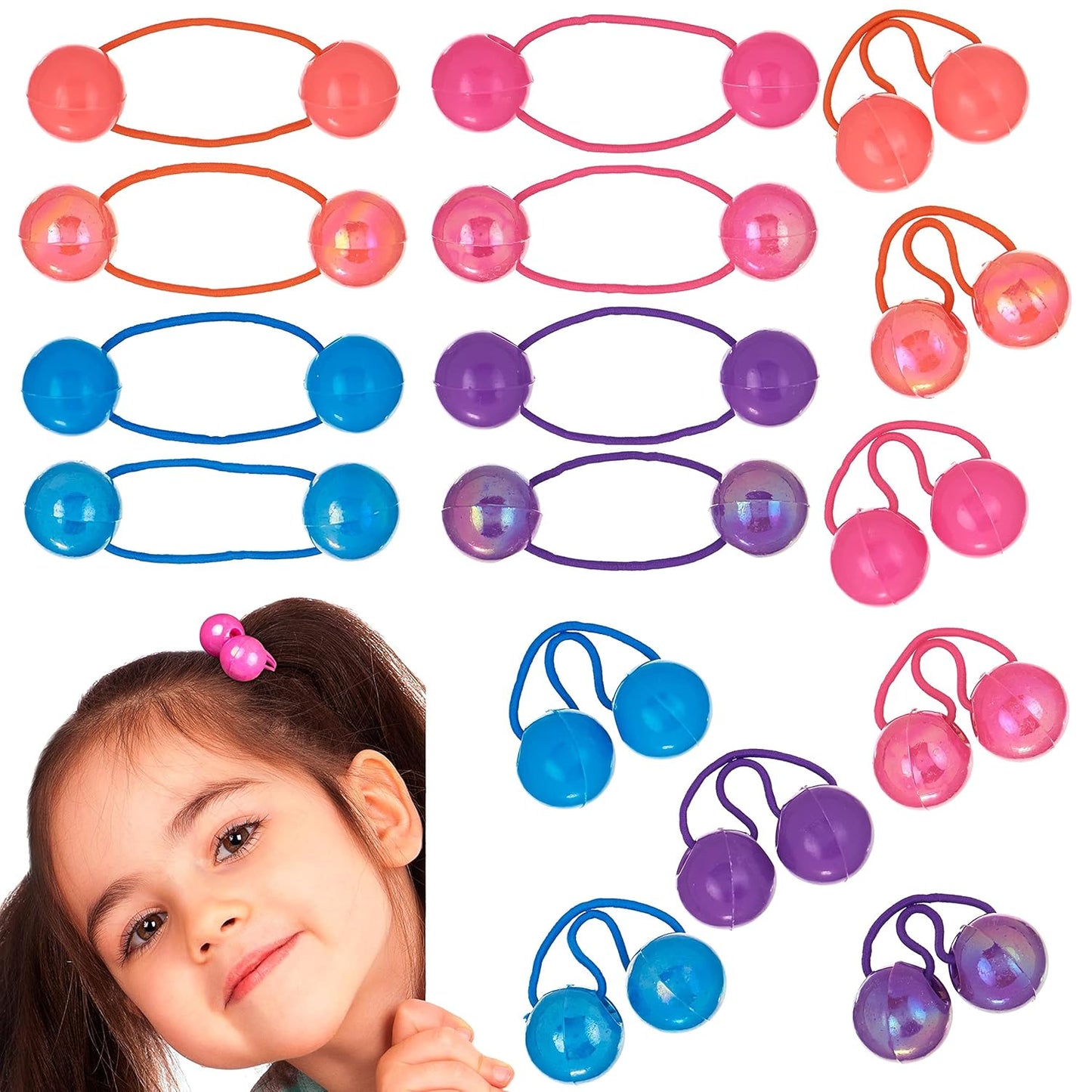 20pc Ponytailers Balls Elastics 18mm Round Opaque Multicolored Twin Beads Bauble Holders Toddler Kids Braiding Styling