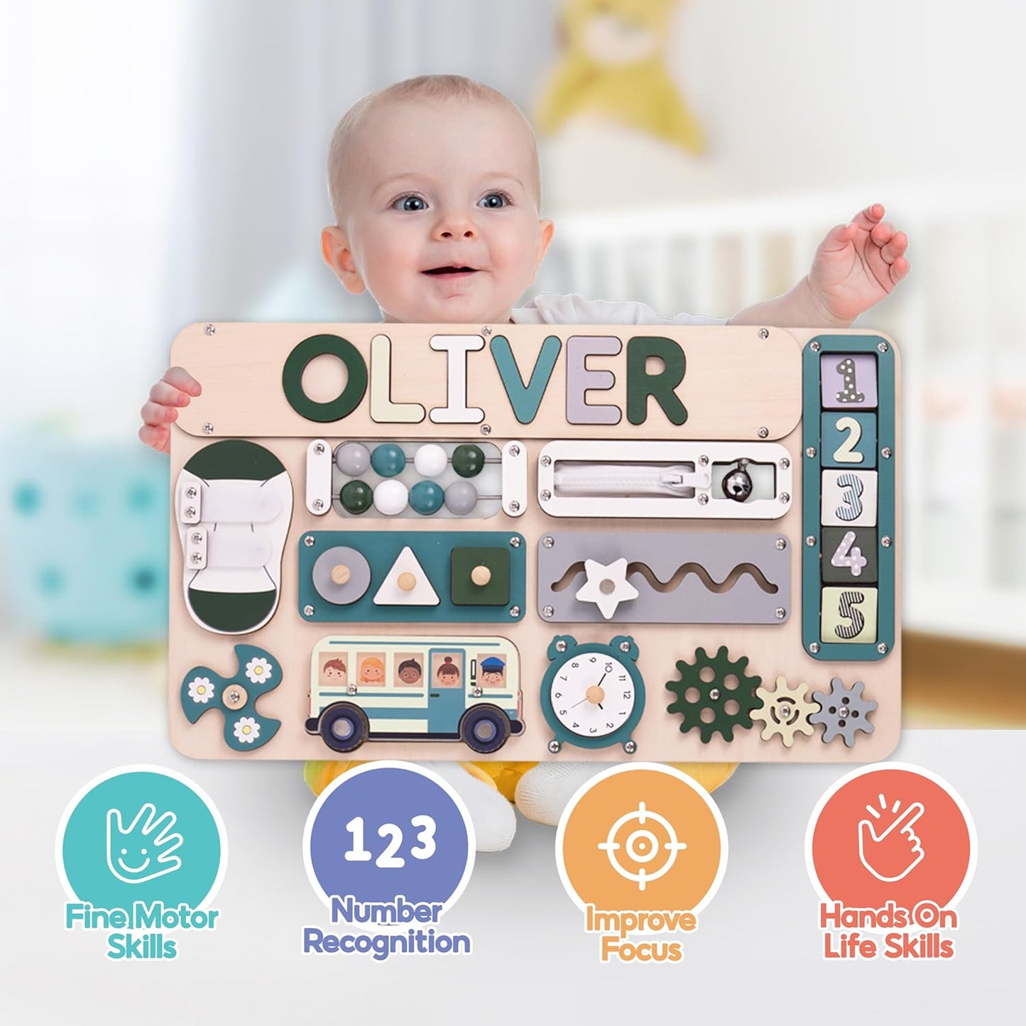 KALOTOYS Large Montessori Busy Board for Baby & Toddlers 1-3 — 17-Inch Wooden Sensory Activity Board — Fine Motor Skills & Early Learning Educational Toy for 1 2 3 Year Old, Travel Friendly & Safe