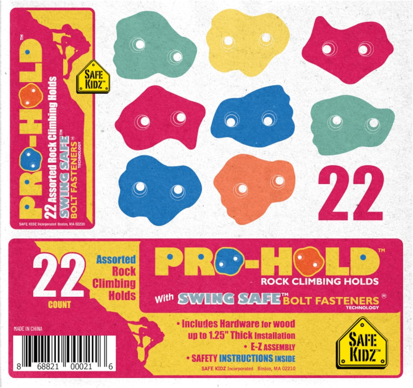 22 Assorted Deluxe Rock Climbing Holds for Kids - Outdoor Climbing Stones Kit with 44 Swing Safe Fasteners + Drill Bit Easy to Install on Lumber from 3/4" to 1.25" Thick