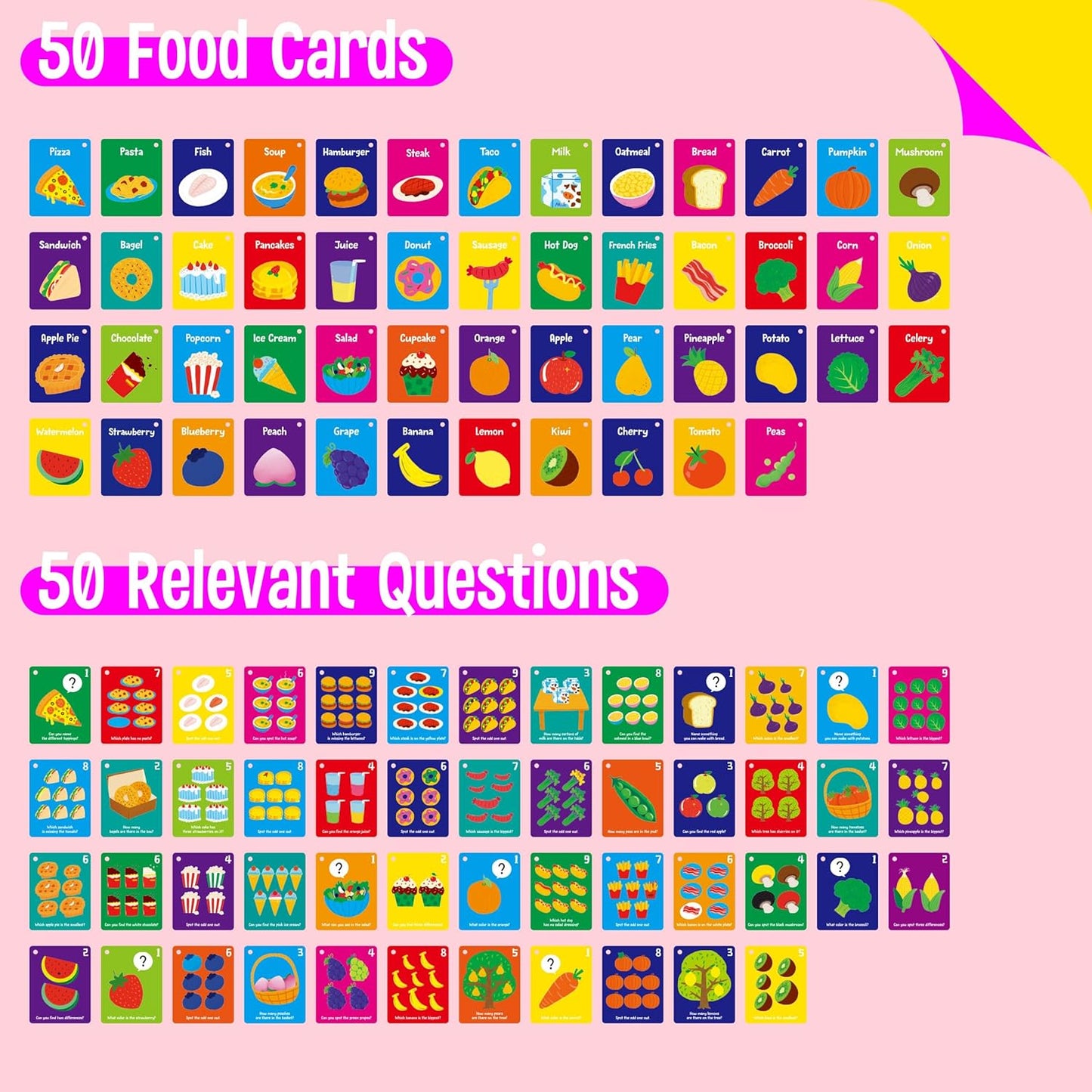 50 PCS Kid First Cognitive Flashcards,Double Sided Printed 7 in 1 Colorful Cards Alphabet,Numbers, Foods,Animals,Shapes,Colors with 3 Reclosable Rings,Learning Tool for Pre-K Kindergarten Toddlers