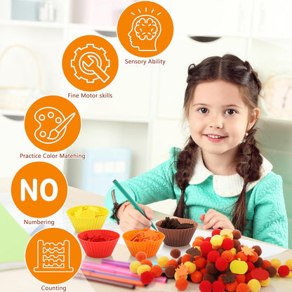 Fall Sensory Bin Fillers - 353 PCS Thanksgiving Fine Motor Toys for Kids, Autumn Counting Sorting Set with Felt Leaves Tweezers & Clip for Sorting Counting Training Preschool Learning Activity