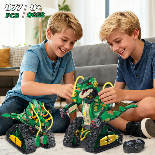 HiWEEGO RC Dinosaur Building Toy with Light, 5 in 1 Remote Controll Building Block Kit, 877 PCS Tech Rechargeable Dinosaur Robot Toys Easter Birthday for Kids Boys Age 8 9 10 11 12+
