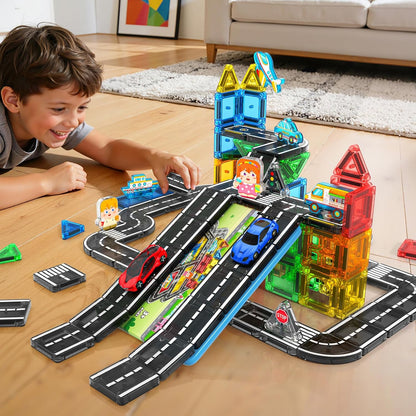 104 PCS Magnetic Tiles Road Set, STEM Construction Toys for Kids Ages 3-5 5-7 4-8, Magnet Building Blocks for Toddler Toys Games, Christmas Birthday Gifts for 3+ Year Old Boys Girls