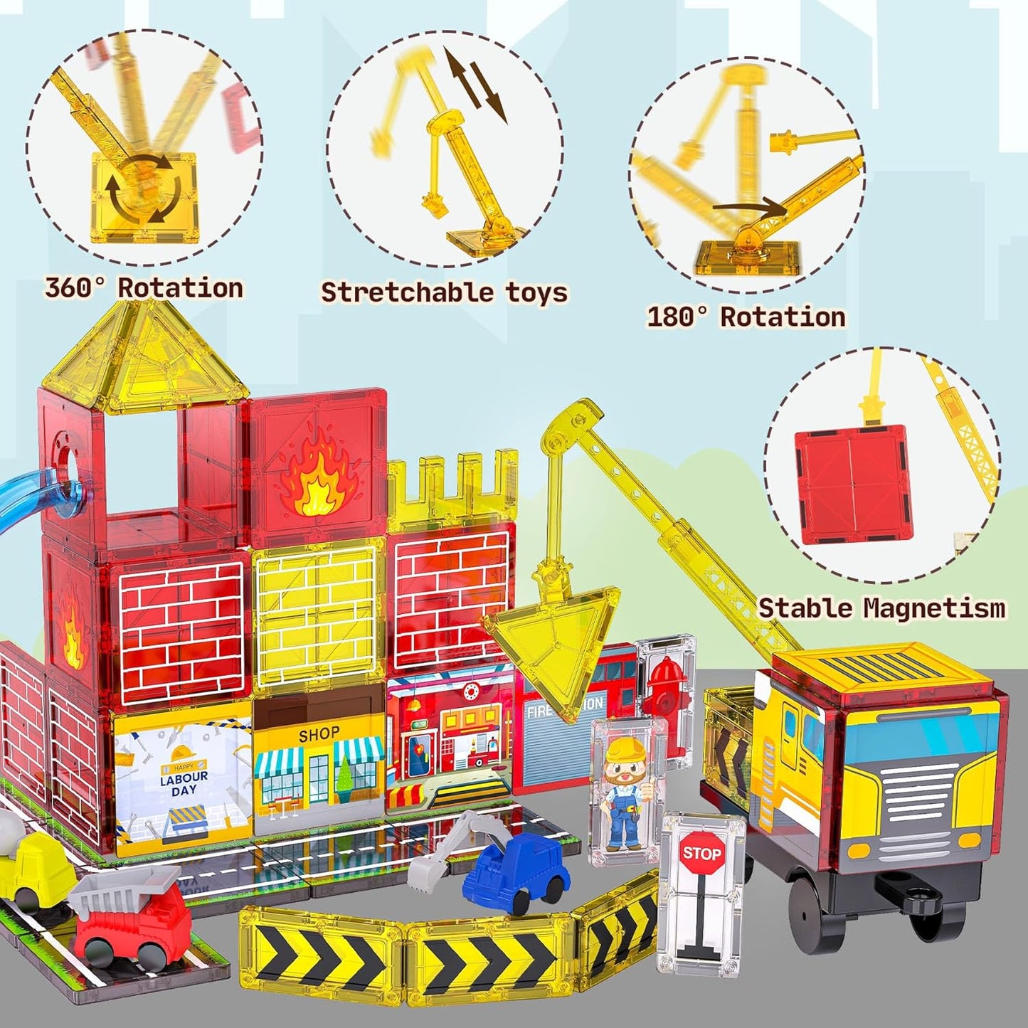 Magnetic Tiles for Kids Ages 4-8, Magnetic Blocks with Construction, Fire Fighting, Road, Engineering, Crane and Truck Themes, Magnet Toys Classroom Travel STEM Birthday Gifts for Boys