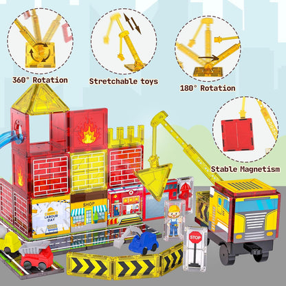Magnetic Tiles for Kids Ages 4-8, Magnetic Blocks with Construction, Fire Fighting, Road, Engineering, Crane and Truck Themes, Magnet Toys Classroom Travel STEM Birthday Gifts for Boys