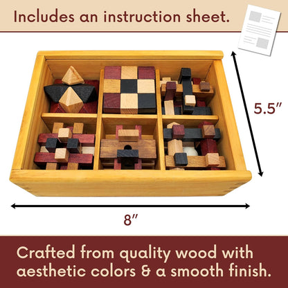 Wooden Brain Teaser Puzzles 6 Pack - 3D Brain Teasers for Adults & Kids - Educational and Fun Gift Ideas - Mind Puzzles by LMC Products