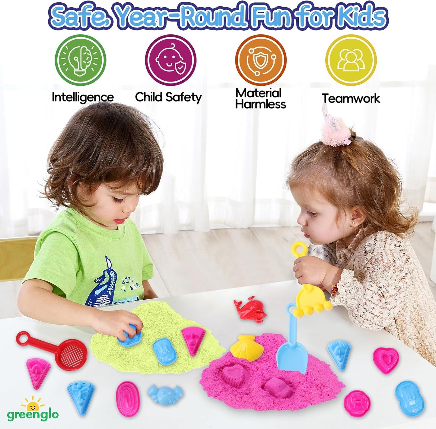 greenglo Kids Sensory Magic Sand Playset - 1.10 Lbs Color Sand Kit, 16 Pcs Molds (Cake/Dessert, car, sea Animal) & Tools, Ideal Sensory Bin for Boys & Girls Ages 3-8