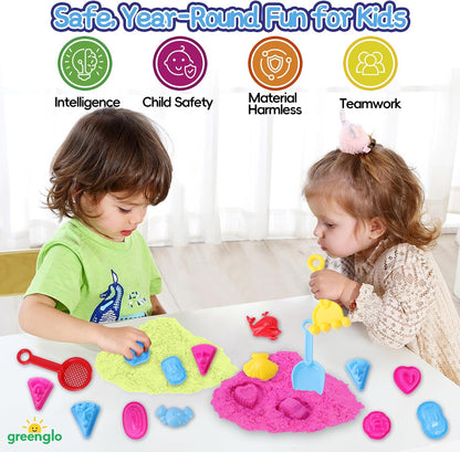 greenglo Kids Sensory Magic Sand Playset - 1.10 Lbs Color Sand Kit, 16 Pcs Molds (Cake/Dessert, car, sea Animal) & Tools, Ideal Sensory Bin for Boys & Girls Ages 3-8