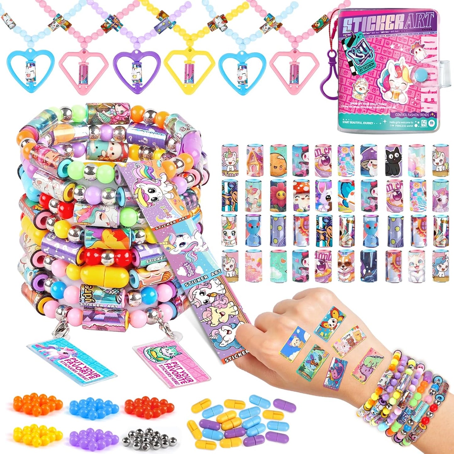 Plunack DIY Sticker Jewelry Making Kits Bracelets for Kids, Stickers Set, Includes Beads & Charms & Pendants, 320Pcs Mini Holographic Stickers, Bracelet Making Kit for Girls 6-12 Birthday Gift