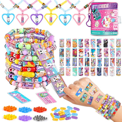 Plunack DIY Sticker Jewelry Making Kits Bracelets for Kids, Stickers Set, Includes Beads & Charms & Pendants, 320Pcs Mini Holographic Stickers, Bracelet Making Kit for Girls 6-12 Birthday Gift