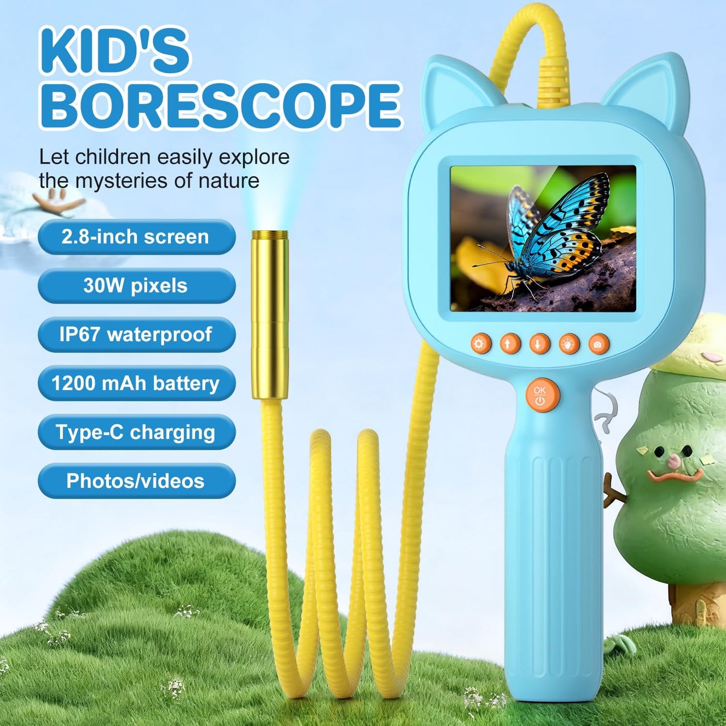 Kids Borescope Toy with Light, 1920P HD Endoscope Snake Wildlife Camera with 2.8" LCD, STEM Educational Science Kit for Ages 3-12,Stocking Stuffer &Outdoor Nature Exploration Gifts for Boys & Girls