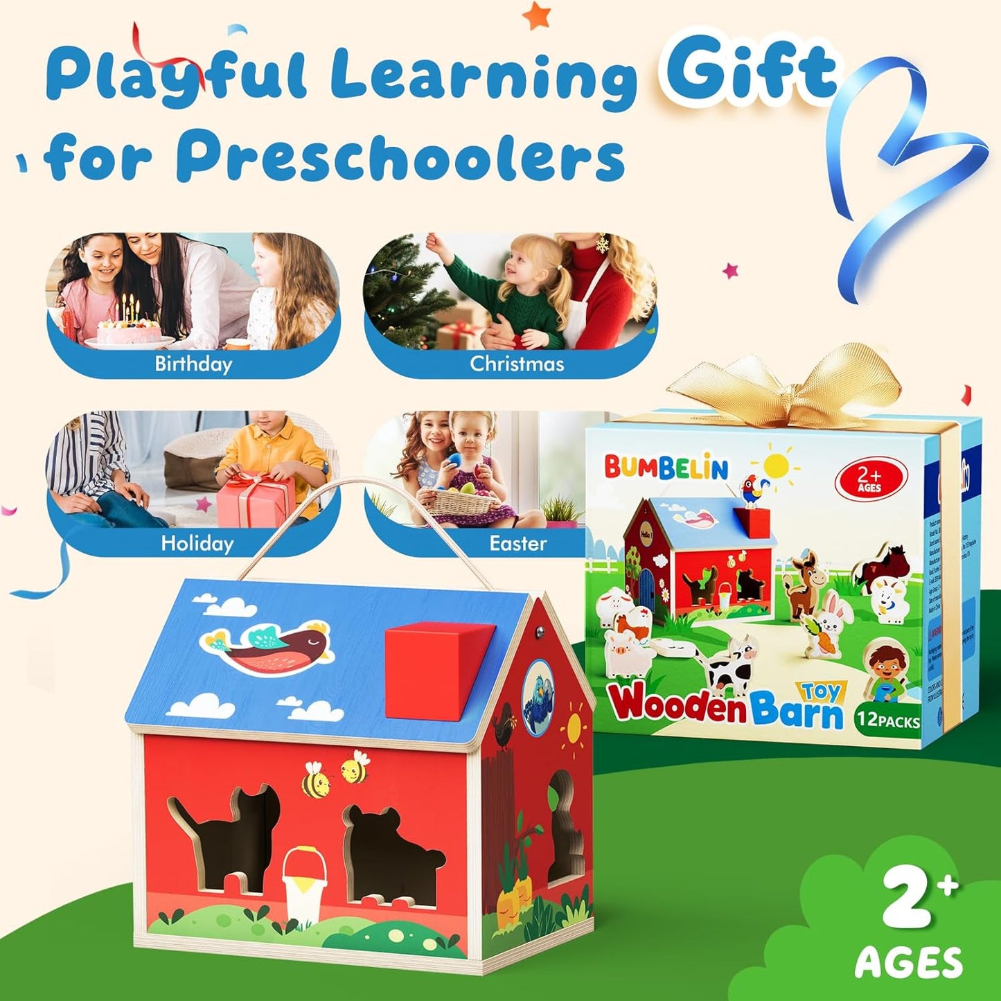 Wooden Barn Shape Sorter Montessori Farm Animal Toys for Toddlers, Educational Pretend Play Barn with Flip-Open Roof & Handle, 12 Animal Blocks, Birthday for 2-4 Boys Girls