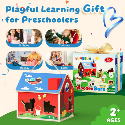Wooden Barn Shape Sorter Montessori Farm Animal Toys for Toddlers, Educational Pretend Play Barn with Flip-Open Roof & Handle, 12 Animal Blocks, Birthday for 2-4 Boys Girls