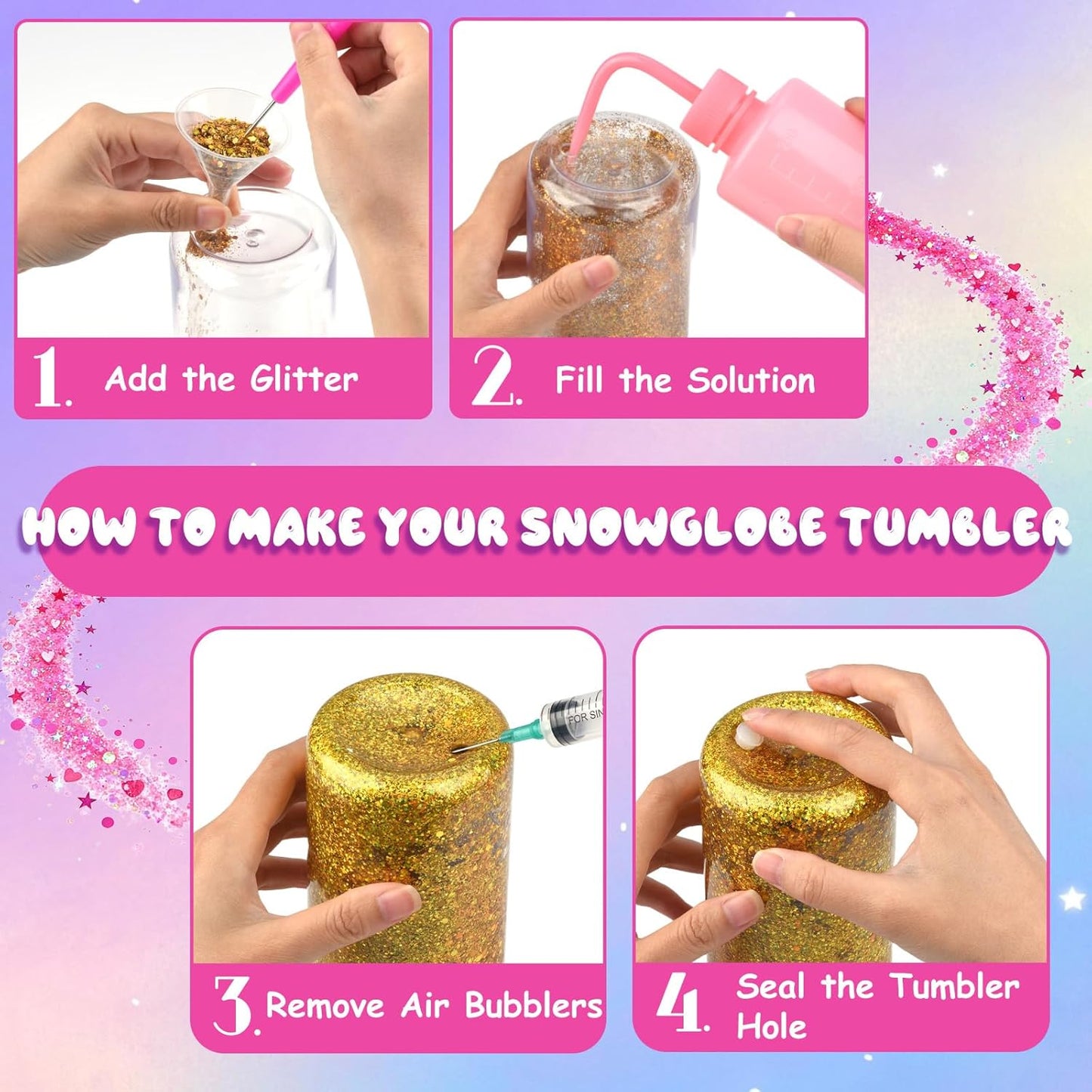 kiddgroo Snow Globe Tumbler Supplies, 25 Pcs DIY Snowglobe Cup Set– Includes 16oz Double-Wall Acrylic Tumbler, Cup Cradle, UV DTF Wraps, Craft Glitter & DIY Tools,Mothers Day Gifts