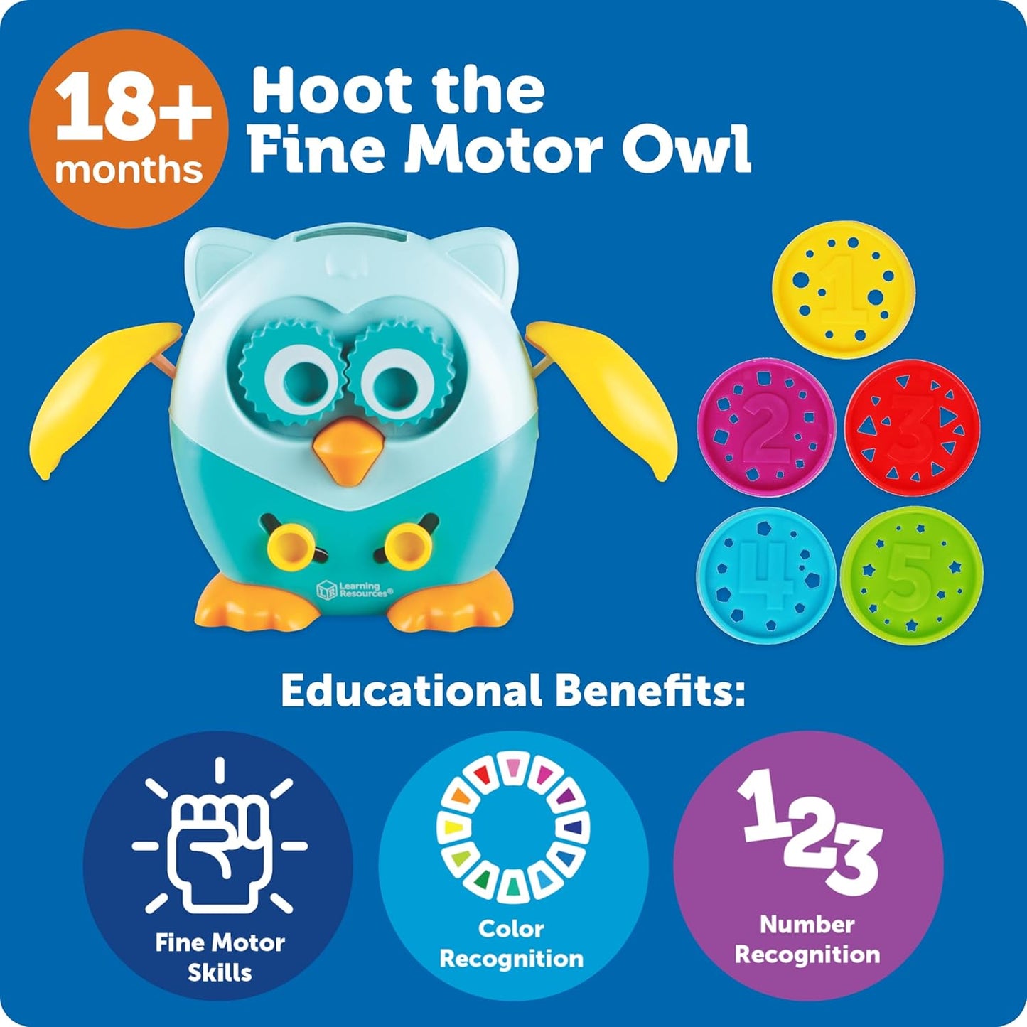 Learning Resources Hoot the Fine Motor Owl - 6 Pieces, Ages 18+ Months, Toddler Toys, Fine Motor and Sensory for Kids