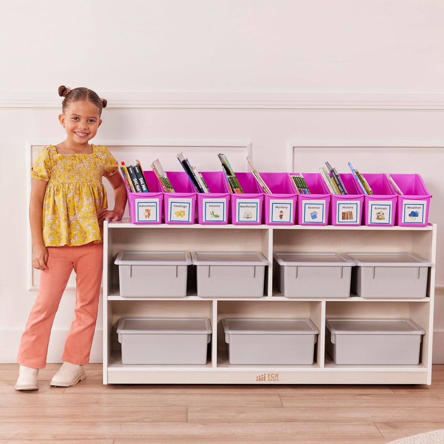 ECR4Kids Linking Plastic Storage Book Bin, Multipurpose Organization, Neon Purple, 10-Piece
