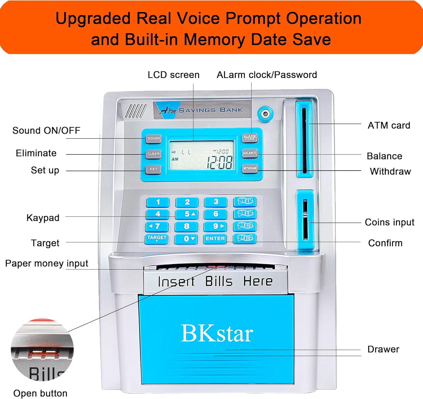 BKstar ATM Piggy Bank for Kids - Talking Electronic Money Bank with Debit Cards & Digital Coin Counter for Real Money, Boys Girls