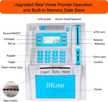 BKstar ATM Piggy Bank for Kids - Talking Electronic Money Bank with Debit Cards & Digital Coin Counter for Real Money, Boys Girls