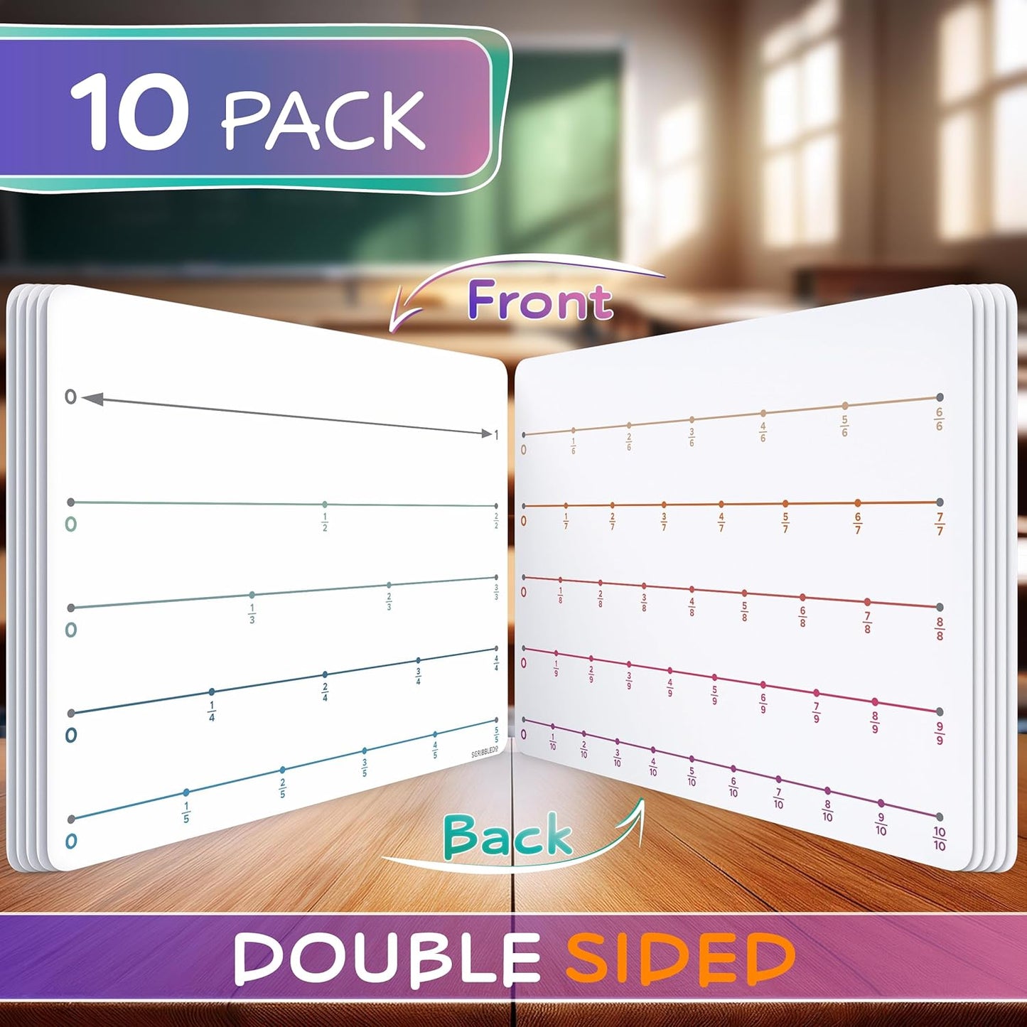 SCRIBBLEDO Fraction 9”x12” Dry Erase Number Line for Students Small White Board Dry Erase Sheets Math Manipulatives Numberline Homeschool Supplies Teacher Classroom Pack of 10 Sheets