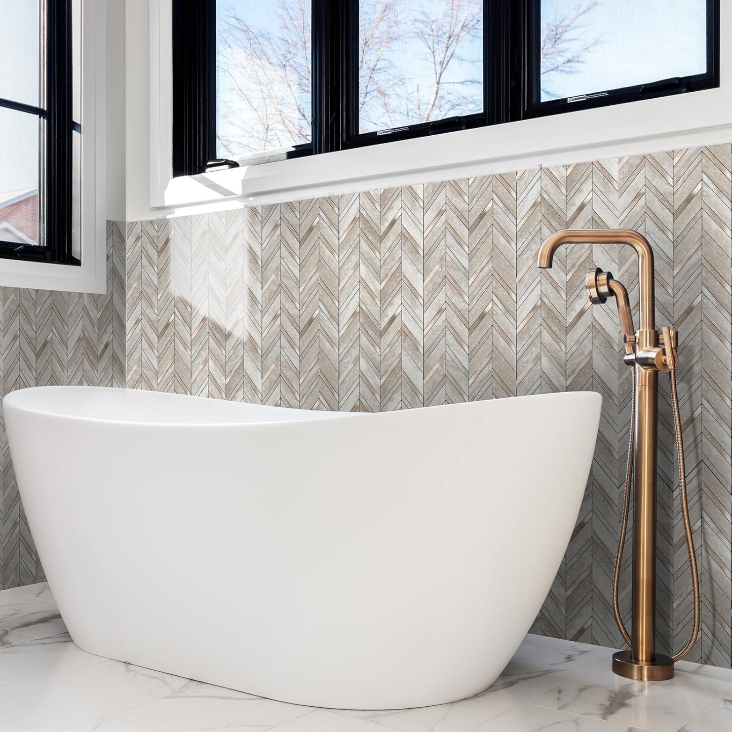 Yipscazo 10 Sheets Herringbone Backsplash Peel and Stick Tile, Marble Calacata Mixed Metal Gold PVC Stick on Backsplash for Kitchen, Waterproof Self Adhesive Wall Tile for Bathroom