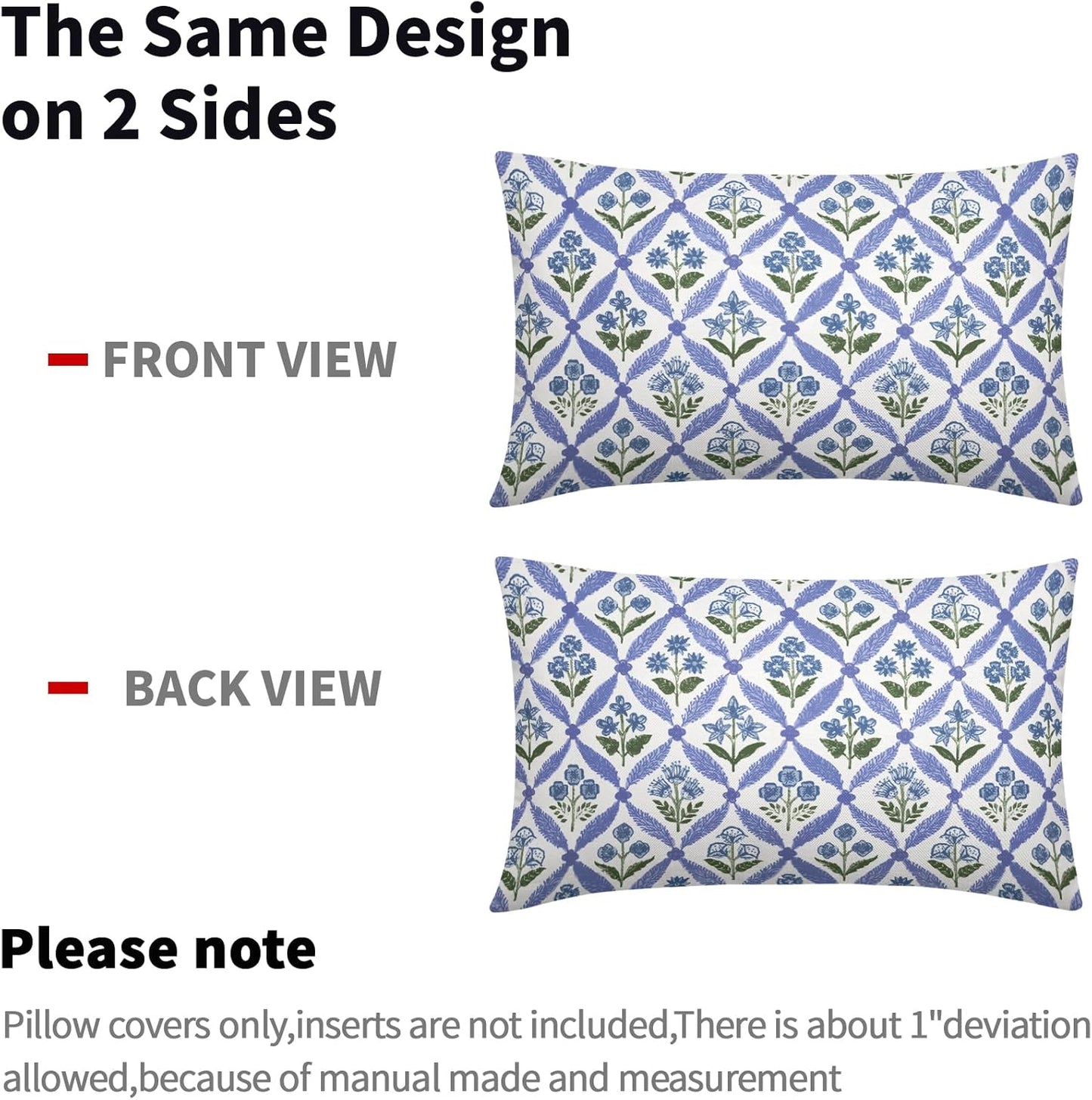 Blue Green Floral Block Print Pillow Covers 12X20 Set of 2, Flower Pattern Spring Summer Print Decorative Throw Pillow Covers Outdoor Farmhouse Seasonal Cushion Case Couch Sofa Bed Decor