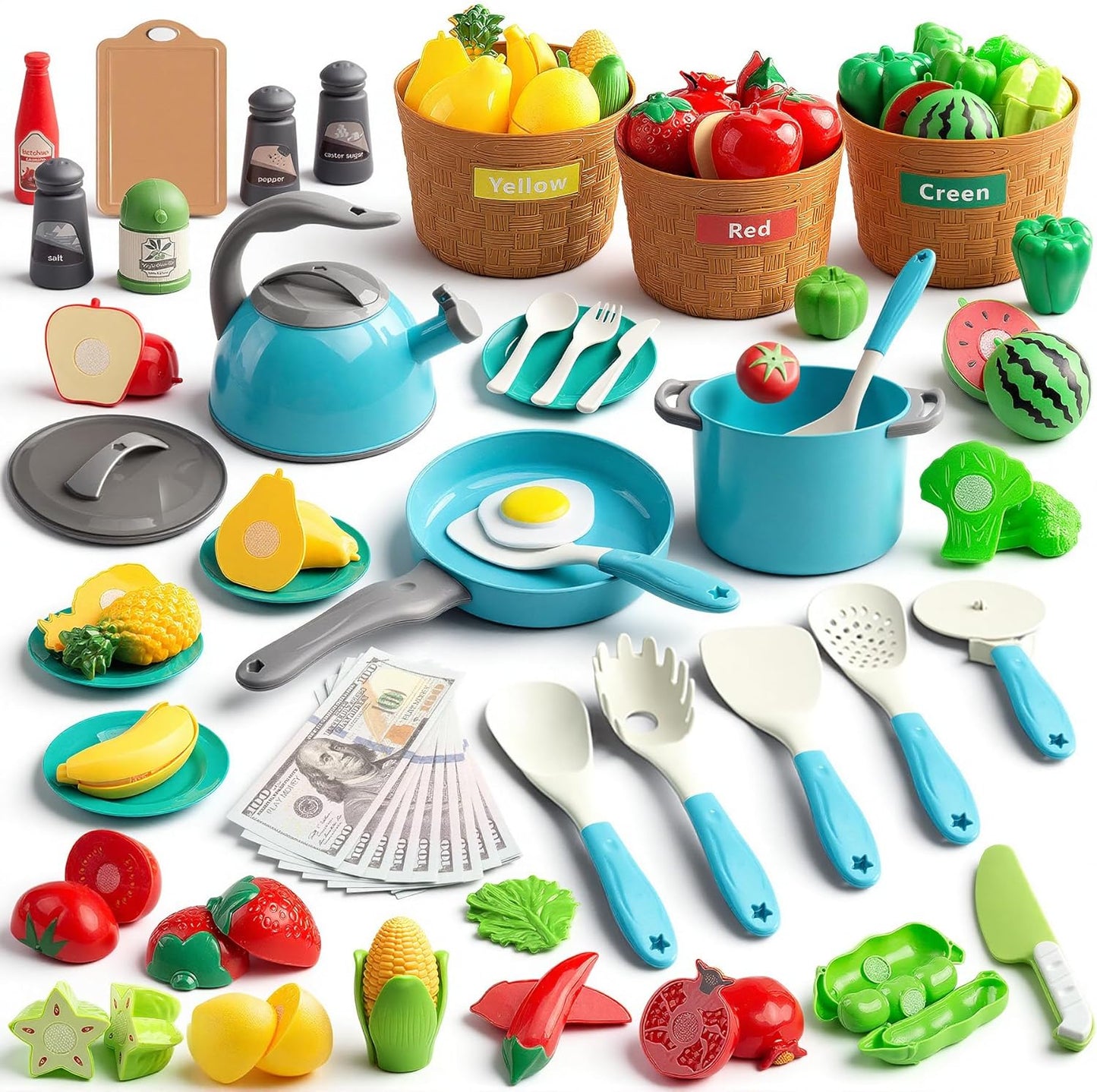 150Pcs Kitchen Playset, Toddlers Pretend Cooking Cookware Accessories, Food, Picnic Blanket, Fruits, Veges, 2Pack Shopping Storage Basket, Dessert and Prop Money, Gift for Kids (Pink)